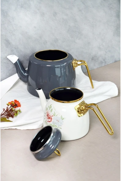 Emaye Çaydanlık Clodia Gri Çiçekli Retro Çaydanlık 201340 - Resim 2