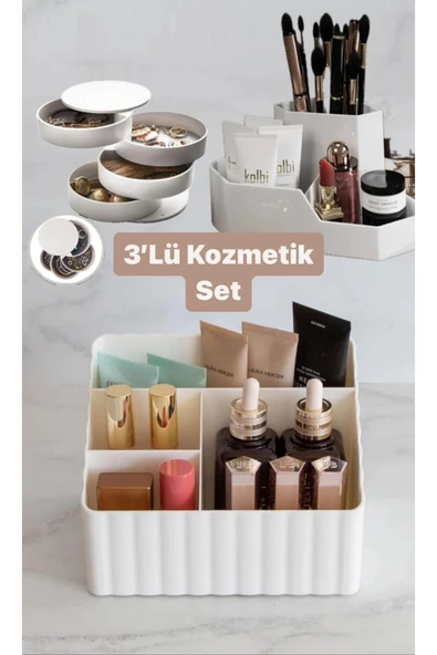 3 Parça Kozmetik Düzenleyici Makyaj Organizer Set- Fırçalık Kalemlik Takı Kutusu
