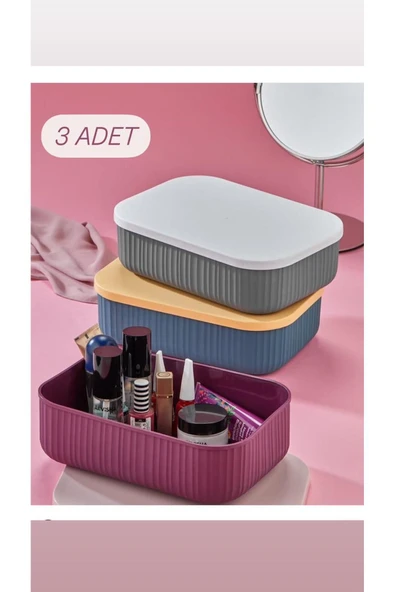 3’lü Set - 3.2 Lt Mix Kapaklı Kozmetik Saklama Kabı Banyo organizer