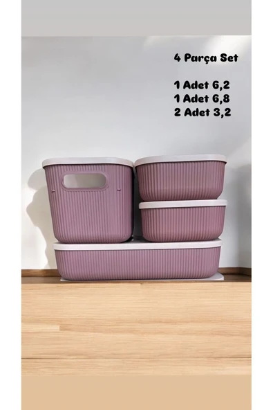 4'lü Mor Storage Set - Kapaklı Banyo Organizeri Çok Amaçlı kutu Saklama Kabı 3 Boy - 2