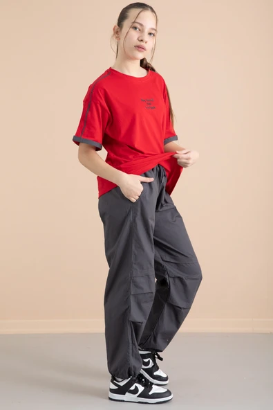 Füme Kız Çocuk Paraşüt Pantolonlu 2li Takım 20390 - 5