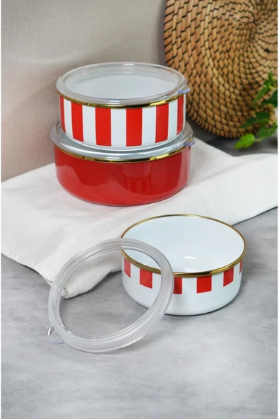 9 Parça Kırmızı Çizgili Emaye Çeyiz Seti - Resim 5