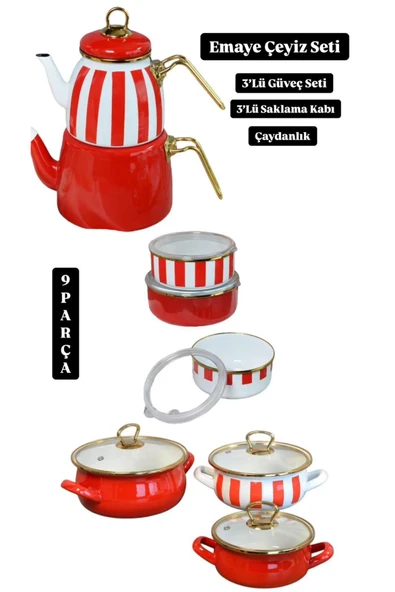 9 Parça Kırmızı Çizgili Emaye Çeyiz Seti - Resim 2
