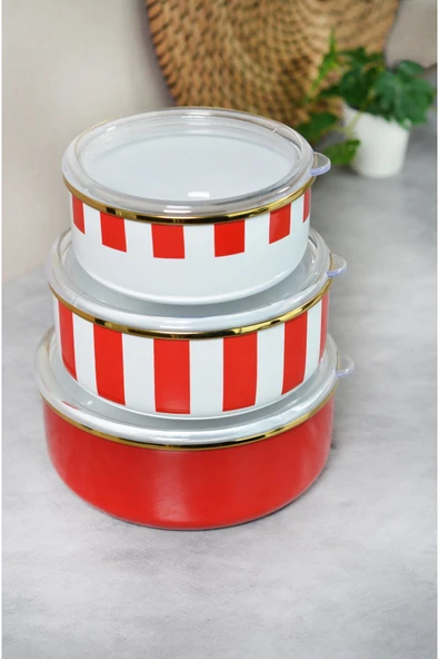Emaye 3'Lü Kırmızı Çizgili Saklama Kabı 201335 - Resim 2