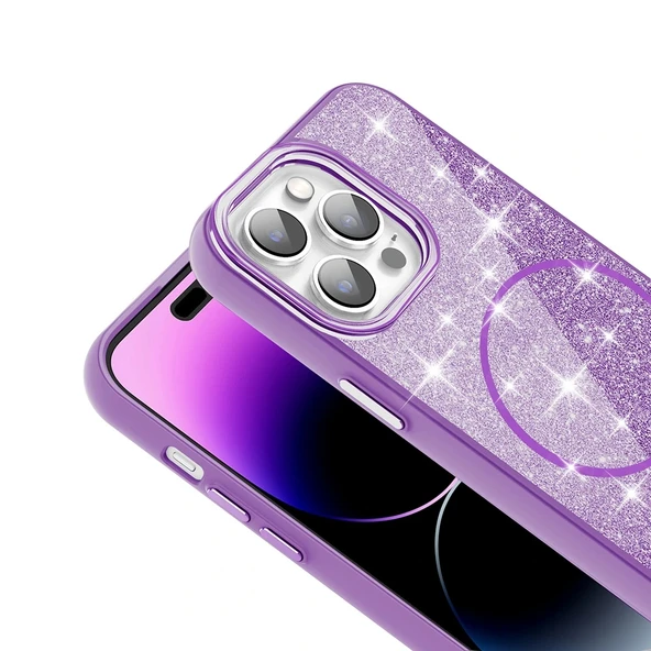 Apple iPhone 14 Pro Max Kılıf Magsafe Şarj Özellikli Parlayan Simli Redclick Okso Kapak - 4