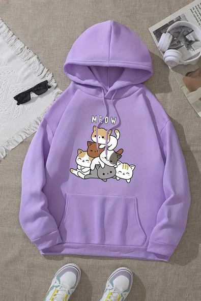 Meow Tatlı Kediler Baskılı Oversize Sweatshirt - Resim 8