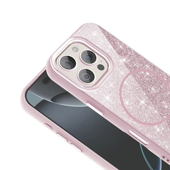 Apple iPhone 16 Pro Max Kılıf Magsafe Şarj Özellikli Parlayan Simli Redclick Okso Kapak - 9