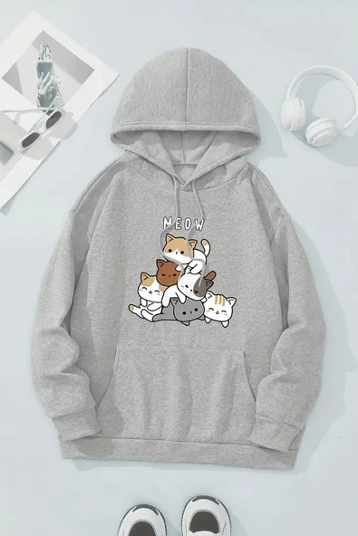 Meow Tatlı Kediler Baskılı Oversize Sweatshirt - Resim 5