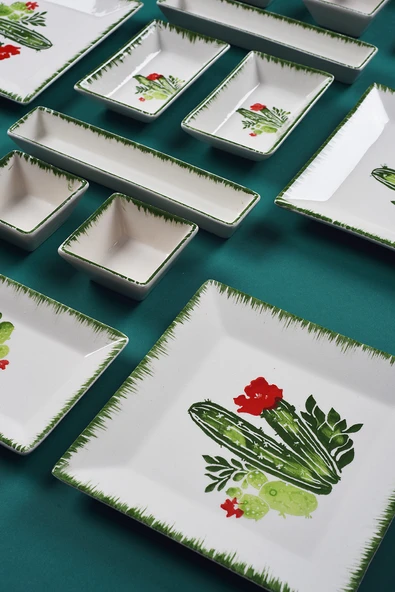 Piatti Naturali 16 Parça 6 Kişilik Kaktüs Kahvaltı Takımı Handmade Kahvaltılık Sunum Seti Servis Tabakları - 2