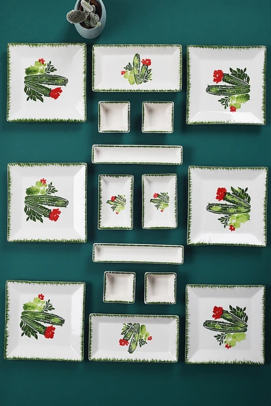 Piatti Naturali 16 Parça 6 Kişilik Kaktüs Kahvaltı Takımı Handmade Kahvaltılık Sunum Seti Servis Tabakları