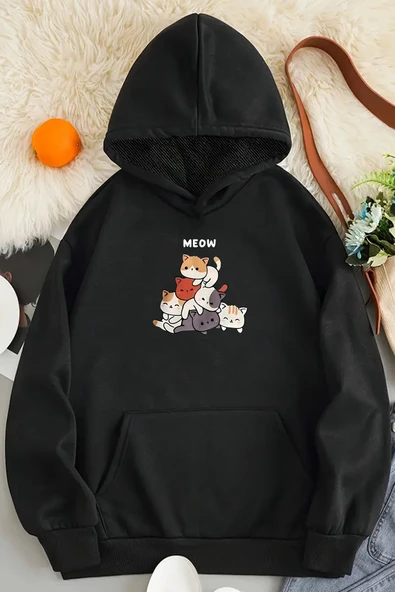 Meow Tatlı Kediler Baskılı Oversize Sweatshirt - Resim 3