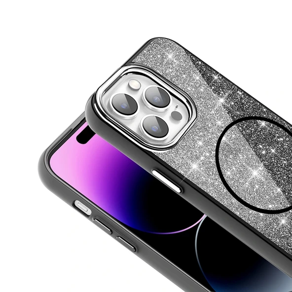 Apple iPhone 14 Pro Max Kılıf Magsafe Şarj Özellikli Parlayan Simli Redclick Okso Kapak - 12