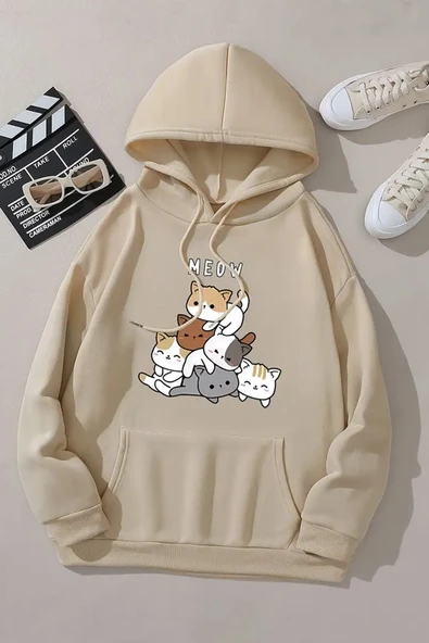Meow Tatlı Kediler Baskılı Oversize Sweatshirt - Resim 7