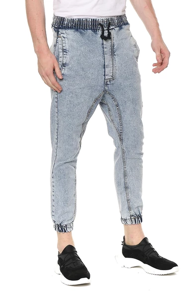 Erkek Yıkamalı Beli ve Paçası Lastikli Şalvar Model Kot Pantolon - 8