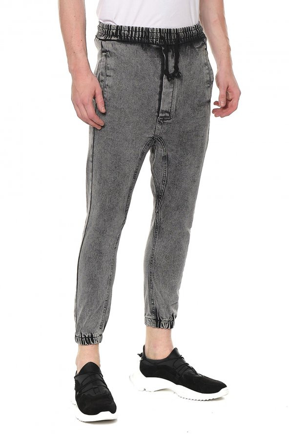Erkek Yıkamalı Beli ve Paçası Lastikli Şalvar Model Kot Pantolon