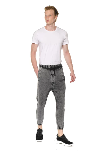 Erkek Yıkamalı Beli ve Paçası Lastikli Şalvar Model Kot Pantolon - 6