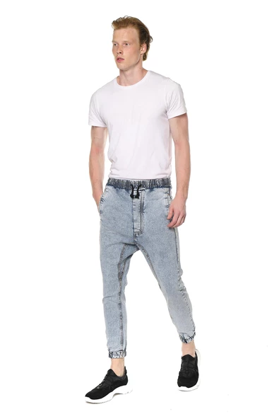 Erkek Yıkamalı Beli ve Paçası Lastikli Şalvar Model Kot Pantolon - 11