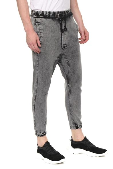 Erkek Yıkamalı Beli ve Paçası Lastikli Şalvar Model Kot Pantolon - 3