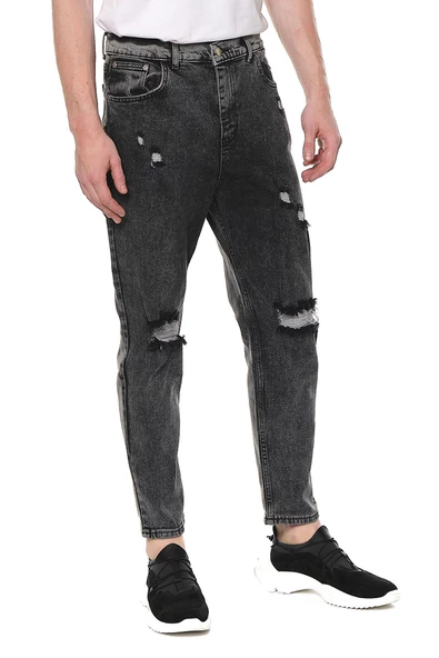 Erkek Bol Kesim Yırtık Detaylı Eskitme Efektli Jean Kot Pantolon - 2