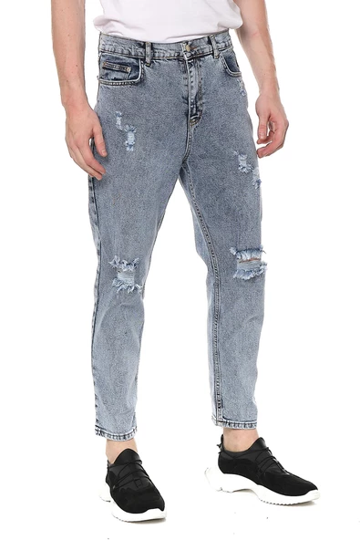 Erkek Bol Kesim Yırtık Detaylı Eskitme Efektli Jean Kot Pantolon - 12