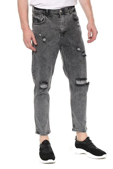 Erkek Bol Kesim Yırtık Detaylı Eskitme Efektli Jean Kot Pantolon - 8