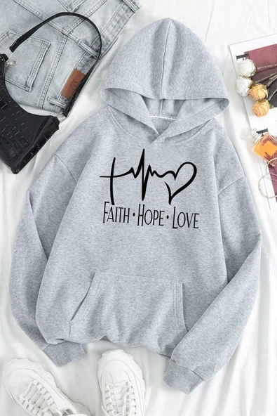 Faith Hope Love Baskılı Oversize Sweatshirt - Resim 3