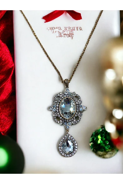 Kristal Taşlı Su Damlası Sallantılı Kolye - Resim 5