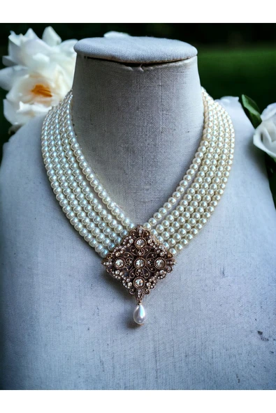 Kristal Taşlı Inci Choker Tasma Kolye ürün görseli