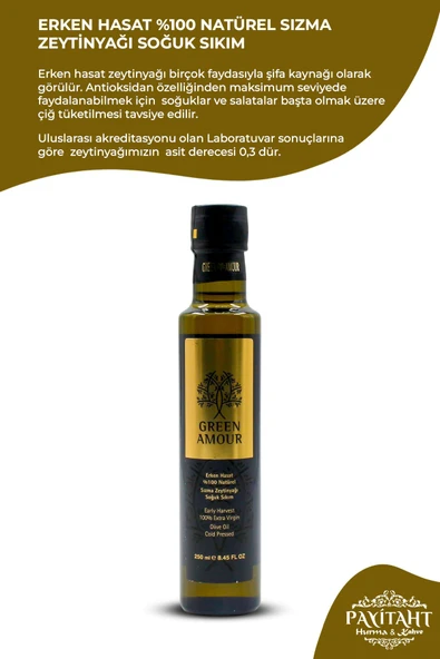 payitaht hurma Erken Hasat %100 Natürel Sızma Zeytinyağı Soğuk Sıkım 250 ml - 2