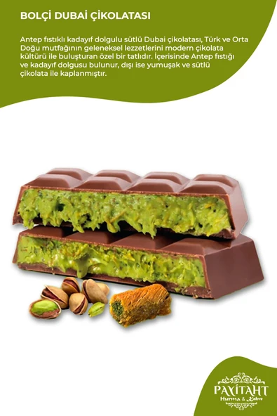 payitaht hurma Antep Fıstıklı Dubai Çikolata Kadayıf Dolgulu Sütlü Çikolata 100g - 2