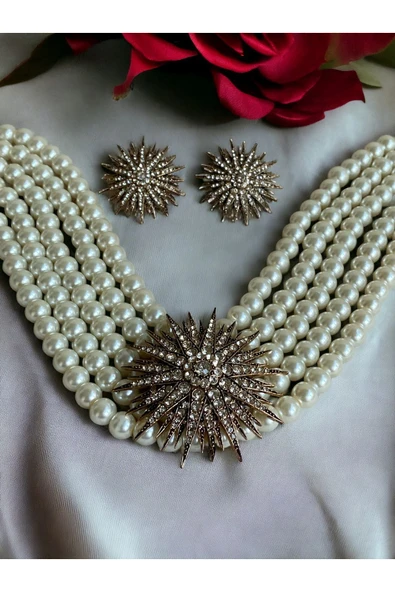 Kristal Taşlı Kestane Figür İnci Kolye ve Küpe Seti - 2