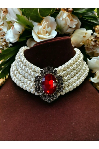 Kristal Taşlı Chooker Tasma İnci Kolye - Resim 7