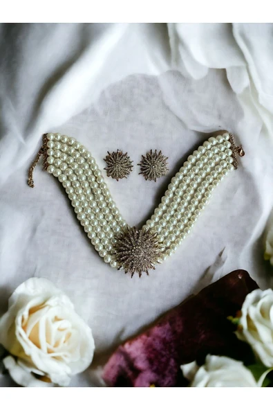 Kristal Taşlı Kestane Figür İnci Kolye ve Küpe Seti - 3