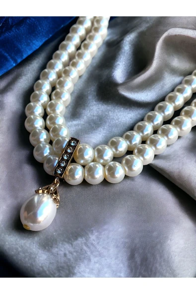 Kristal Taşlı İnci Tasma Kolye - Resim 2