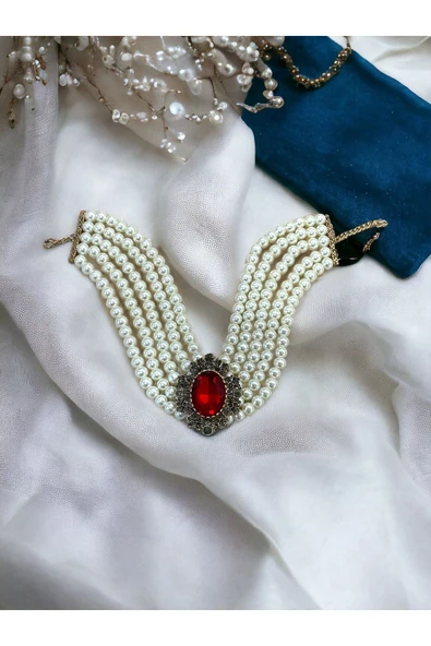 Kristal Taşlı Chooker Tasma İnci Kolye - Resim 8