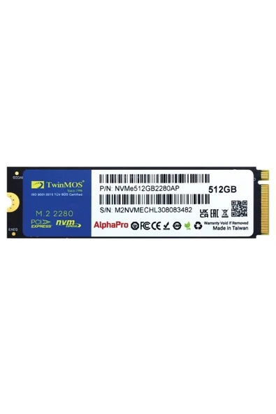 TwinMOS 512 GB M.2 PCIe Gen3 NVMe (3600-3250Mb/s) TLC 3DNAND NVMe NVMe512GB2280AP SSD Disk