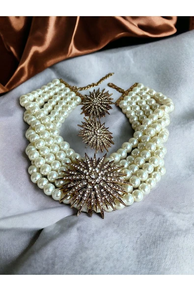 Kristal Taşlı Kestane Figür İnci Kolye ve Küpe Seti