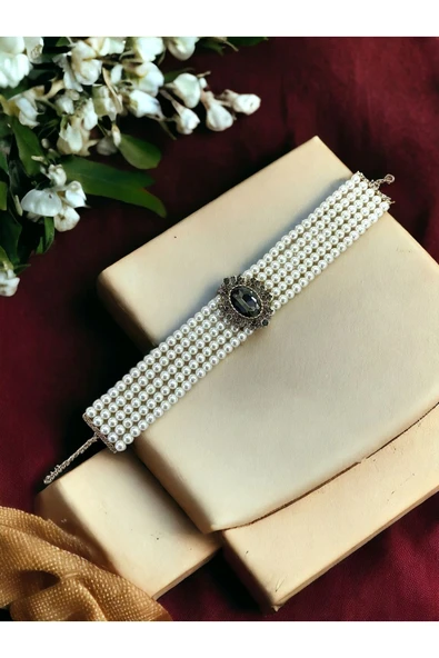 Kristal Taşlı Chooker Tasma İnci Kolye - Resim 3