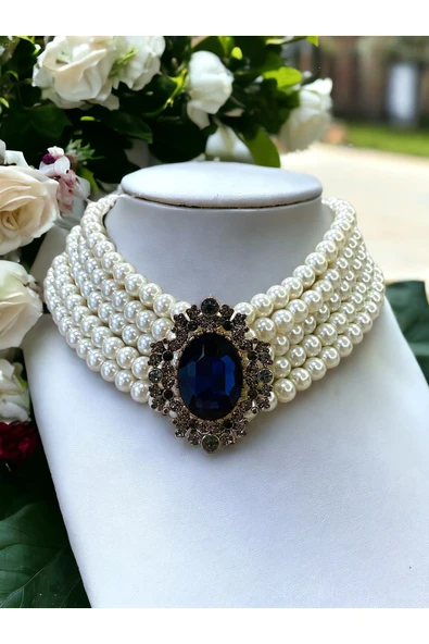 Kristal Taşlı Chooker Tasma İnci Kolye - Resim 10