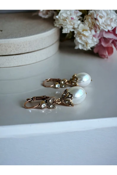 Kristal Taşlı İnci Küpe - Resim 4