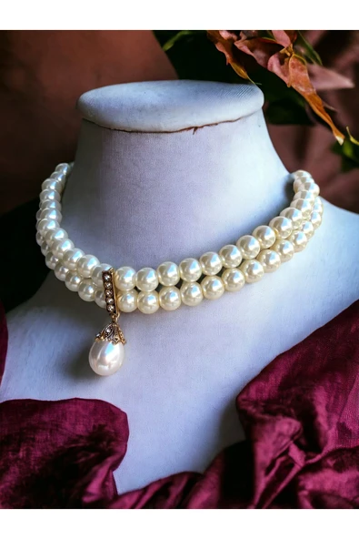 Kristal Taşlı İnci Tasma Kolye - Resim 3