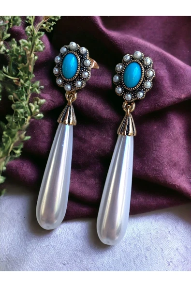 Yaprak Figürlü Su Damlası İnci Küpe - 9