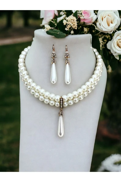 Kristal Taşlı İnci Sallantılı Tasma İnci Kolye ve İnci Küpe