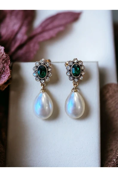 Oval Kristal Taşlı İnci Küpe - 12