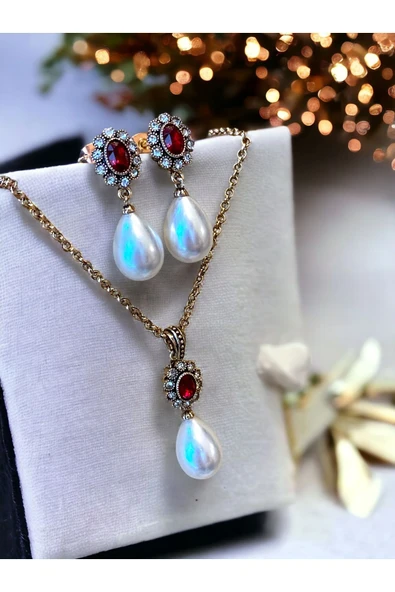 Yakut Kırmızı Oval Kristal Taşlı Mayorka İnci Kolye ve Mayorka İnci Küpe Seti - 2