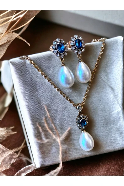 Safir Mavi Oval Kristal Taşlı Mayorka İnci Kolye ve Mayorka İnci Küpe Seti - 2