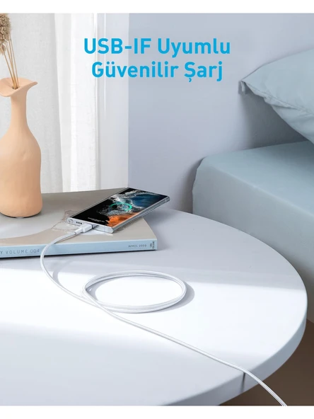 (OUTLET) Anker 322 PowerLine USB-C to USB-C Örgülü Kablo 3ft/0.9m 60W - USB-IF - Beyaz - A81F5 (Anker Türkiye Garantili) - 3