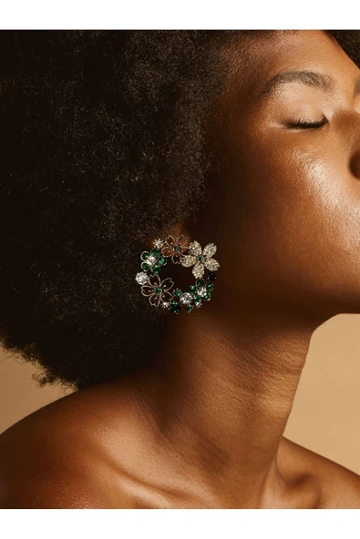 Mavi Kristal Taşlı Çiçek Çelenk Küpe - Resim 5