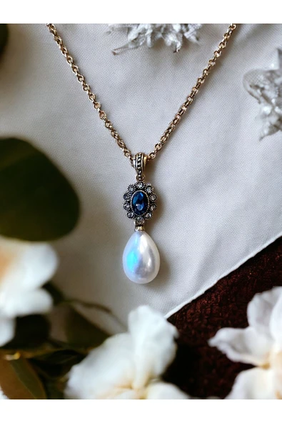 Oval Kristal Taşlı Mayorka İnci Kolye - 7