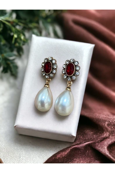 Oval Kristal Taşlı İnci Küpe - 5